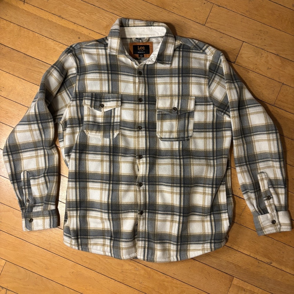 Lee Mens L Plaid Fleece Shacket Cream Gorpcore Workwear Flannel Thick Heavy